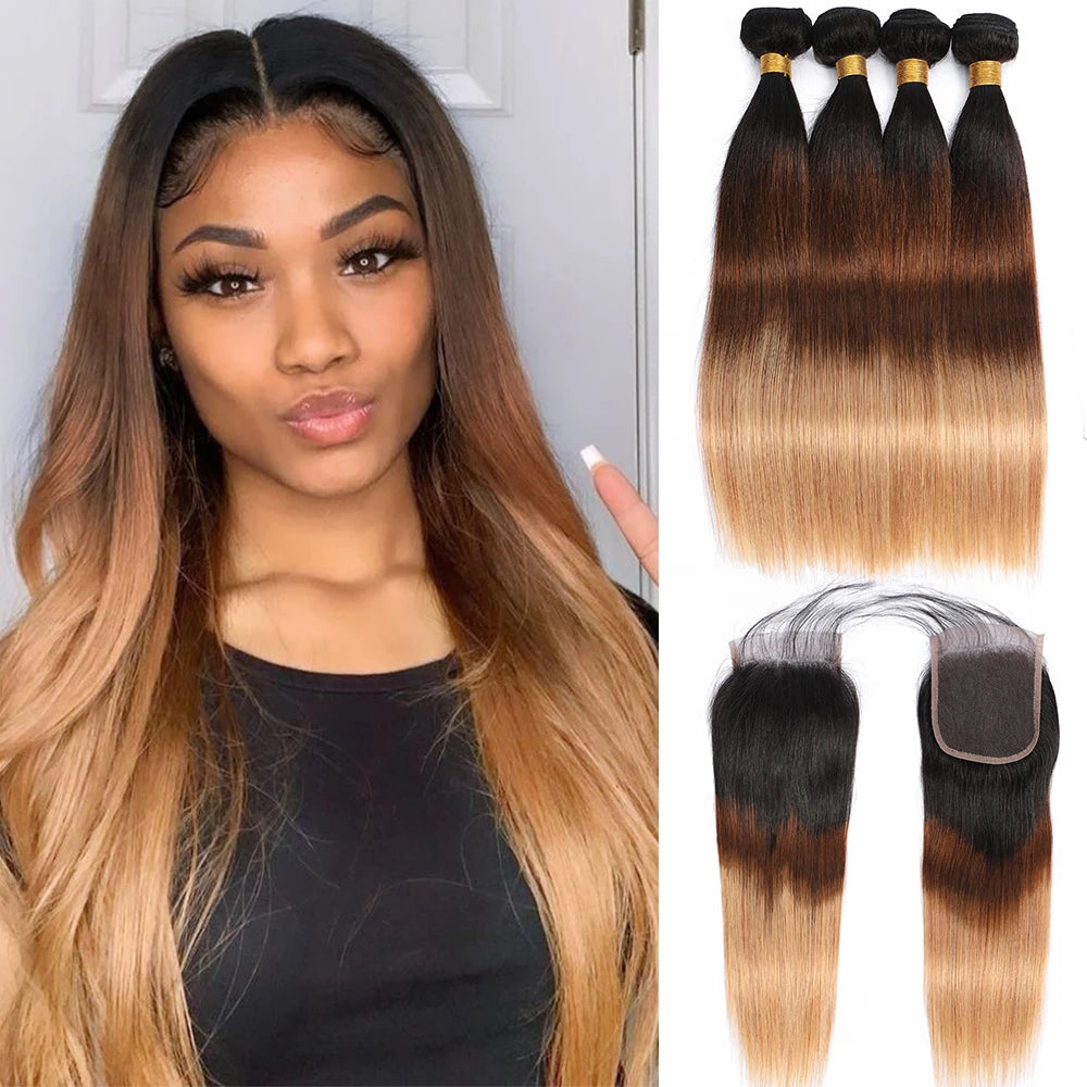 Ombre Human Hair Bundles 12A straight Wave Bundles With Closure 4x4 Brazilian Hair Remy Hair bundles human Hair Extension
