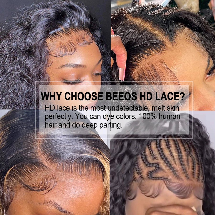 180% Short Curly Bob 13x4 HD Lace Full Frontal Human Hair Wigs Water Wave Wig Pre plucked Brazilian HD Lace Wig For Black Women