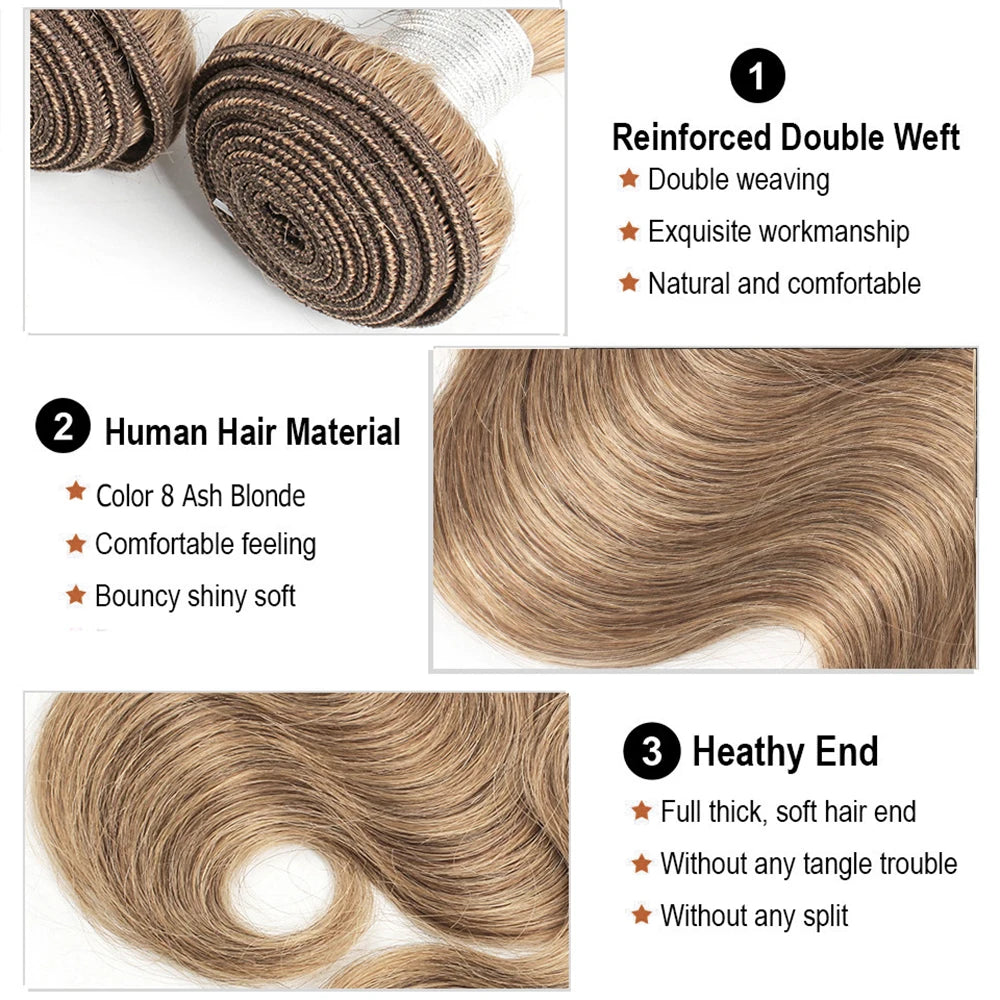 Ash Blonde Body Wave #8 Color Indian Remy Human Hair Weave Extensions 2/3/4 Bundles with 4x4 Closure 95-100g per Piece for Women