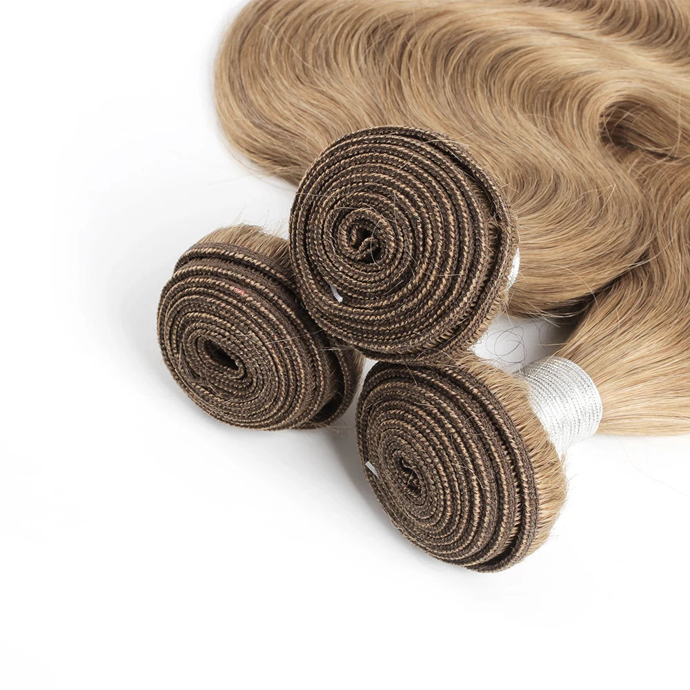 Ash Blonde Body Wave #8 Color Indian Remy Human Hair Weave Extensions 2/3/4 Bundles with 4x4 Closure 95-100g per Piece for Women