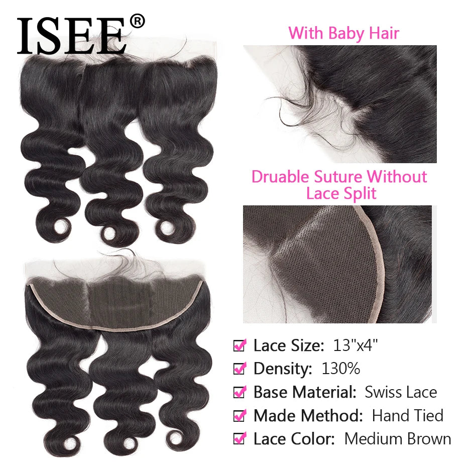 ISEE HAIR Human Hair Bundles With Frontal 13*4 Pre Plucked Lace Frontal Remy Peruvian body Wave Bundles With Frontal