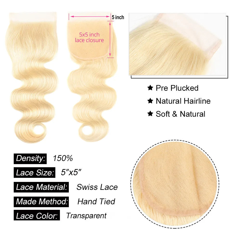 AliPearl 613 Blonde Bundles With Closure 5x5 Free Part Body Wave Brazilian Hair Weave 3 Bundles With Closure Remy Hair Extension