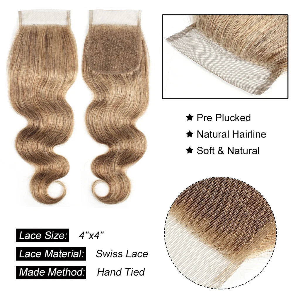 Ash Blonde Body Wave #8 Color Indian Remy Human Hair Weave Extensions 2/3/4 Bundles with 4x4 Closure 95-100g per Piece for Women