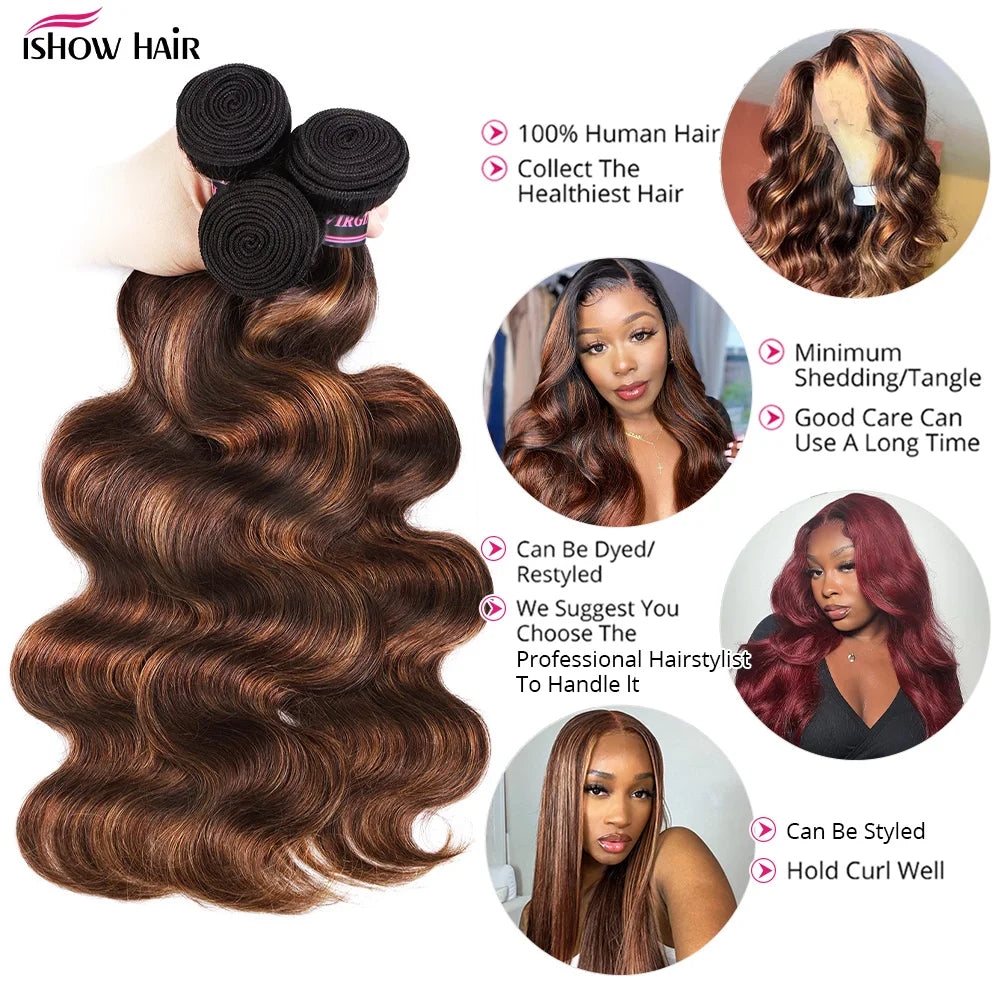 Ishow 1B 4 30 Bundles With Frontal Ombre Highlight Body Wave With 13x4 Transparent Lace Frontal Brazilian Virgin Human Hair