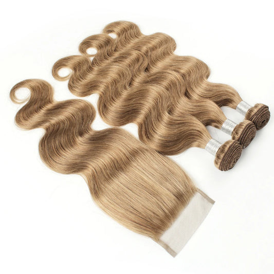 Ash Blonde Body Wave #8 Color Indian Remy Human Hair Weave Extensions 2/3/4 Bundles with 4x4 Closure 95-100g per Piece for Women