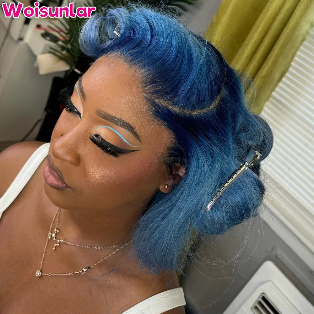 Ombre light blue and blue Lace Front Wigs Human Hair For Women 13x4 Transparent Lace Body Wave 180% Density human hair wigs 100%