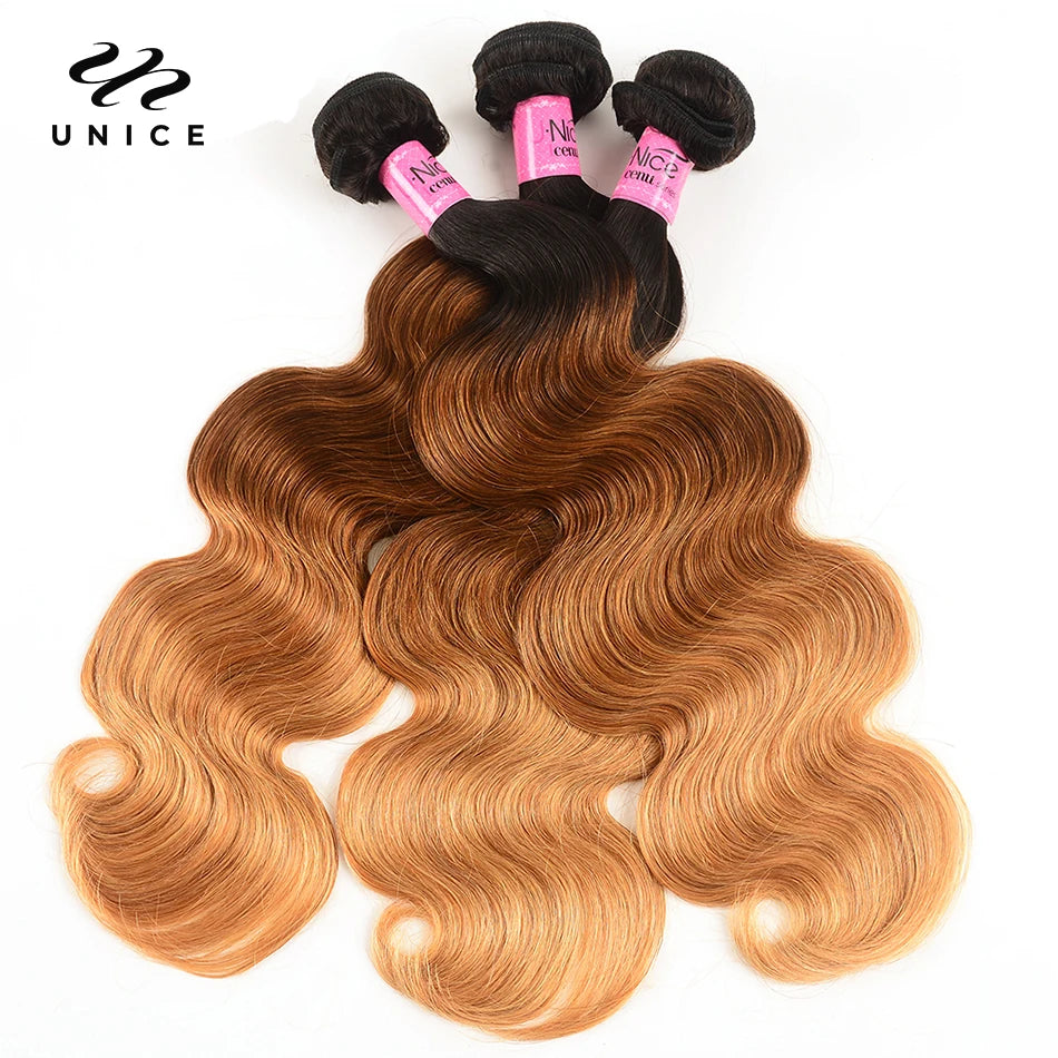 UNICE HAIR Ombre Hair Bundles Brazilian Body Wave 3 Bundles 100% Human Hair Weaves Remy Hair Extension 16-26inch Free Shipping