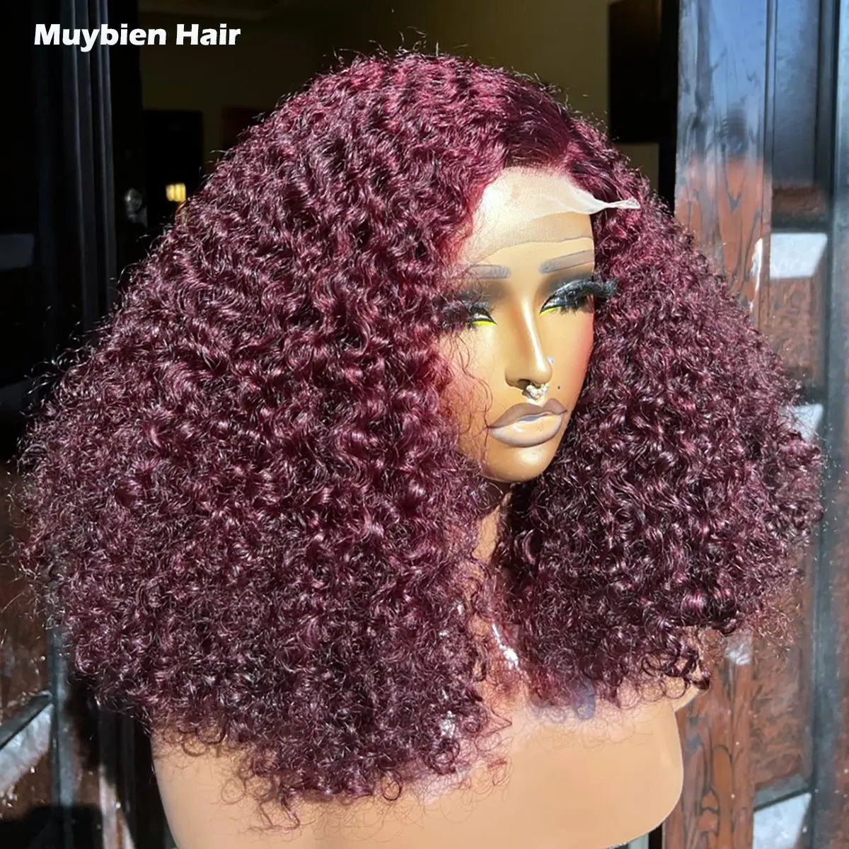 300 Density 99j Burgundy Curly Bob Human Hair Super Double Drawn Wine Color Lace Front Pixie Curly Wigs Glueless Ready to Wear