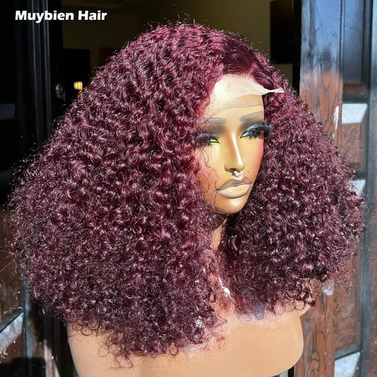 300 Density 99j Burgundy Curly Bob Human Hair Super Double Drawn Wine Color Lace Front Pixie Curly Wigs Glueless Ready to Wear
