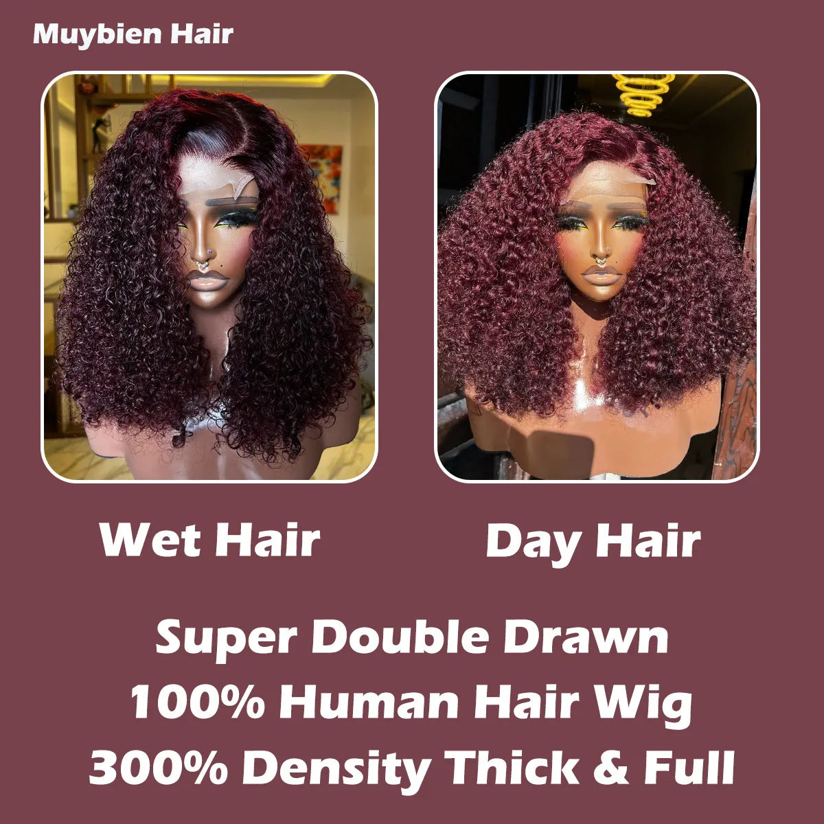 300 Density 99j Burgundy Curly Bob Human Hair Super Double Drawn Wine Color Lace Front Pixie Curly Wigs Glueless Ready to Wear