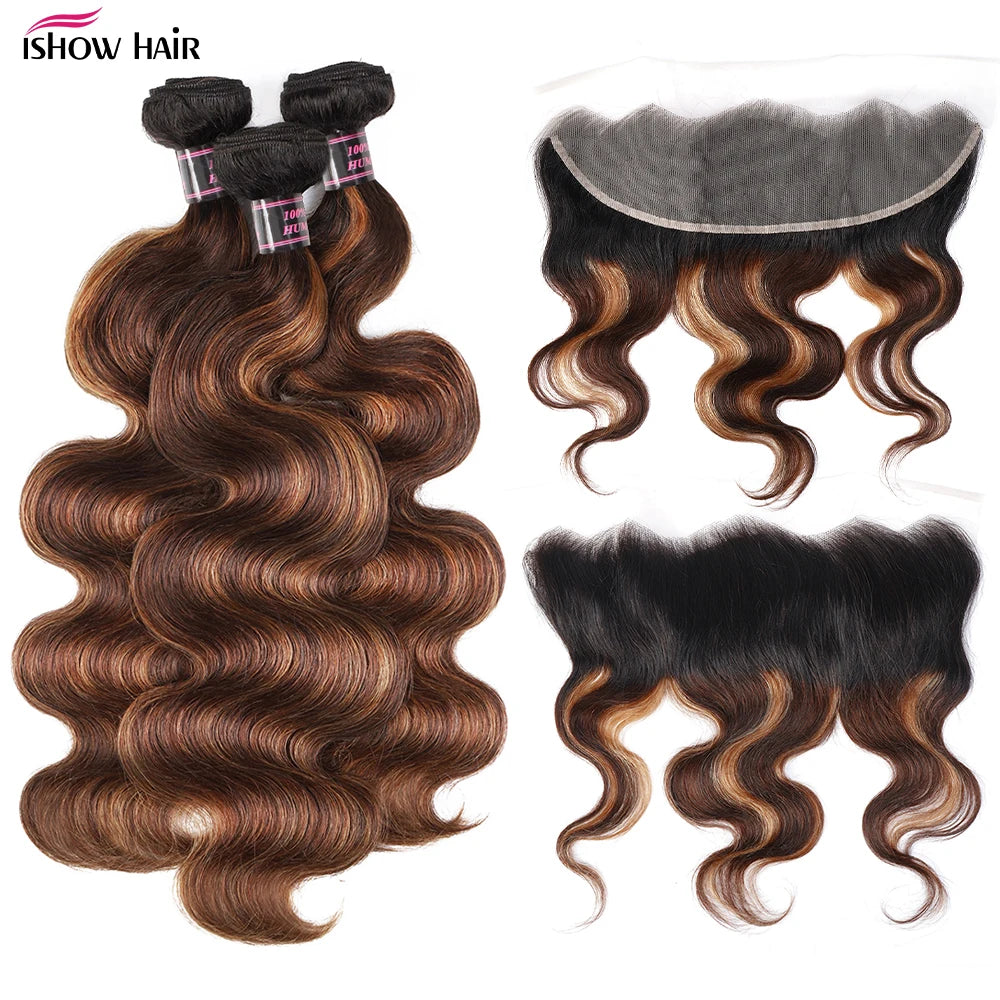 Ishow 1B 4 30 Bundles With Frontal Ombre Highlight Body Wave With 13x4 Transparent Lace Frontal Brazilian Virgin Human Hair