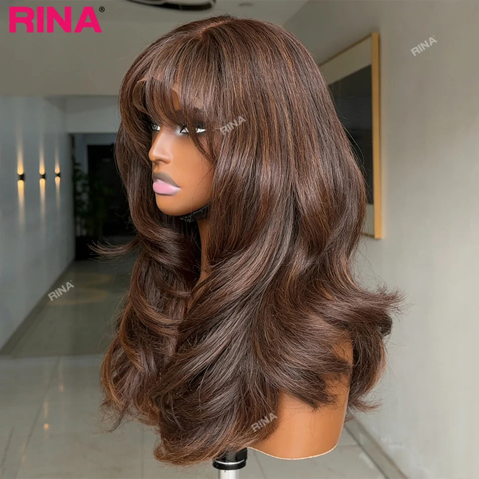 Dark Brown Bang Color 13X6 Hd Lace Frontal Human Hair Wig 180 Density Body Wave 13X4 Lace Front Wigs Brazilian Human Hair