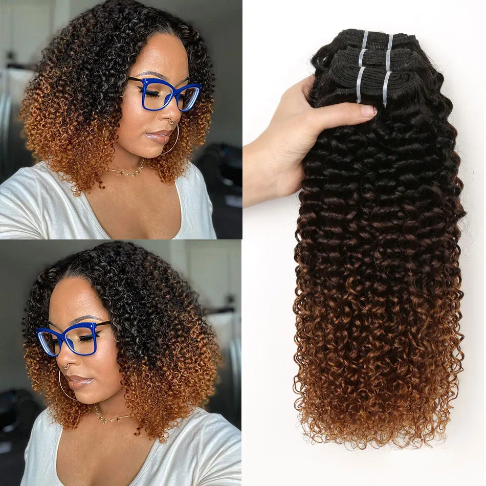 Ombre Afro Kinky Curly Human Hair Bundles With Lace Closures 100% Brazilian Human Hair Extensions 1b/4/30 Weave Bundles