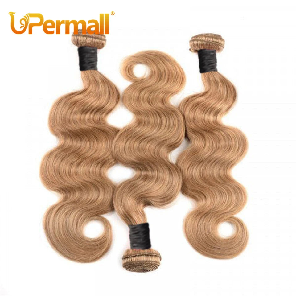 Upermall #27 Colored 3/4 Remy Bundles with Closure Body Wave Human Hair Honey Blonde Transparent 4x4 5x5 Lace Closure and Weaves