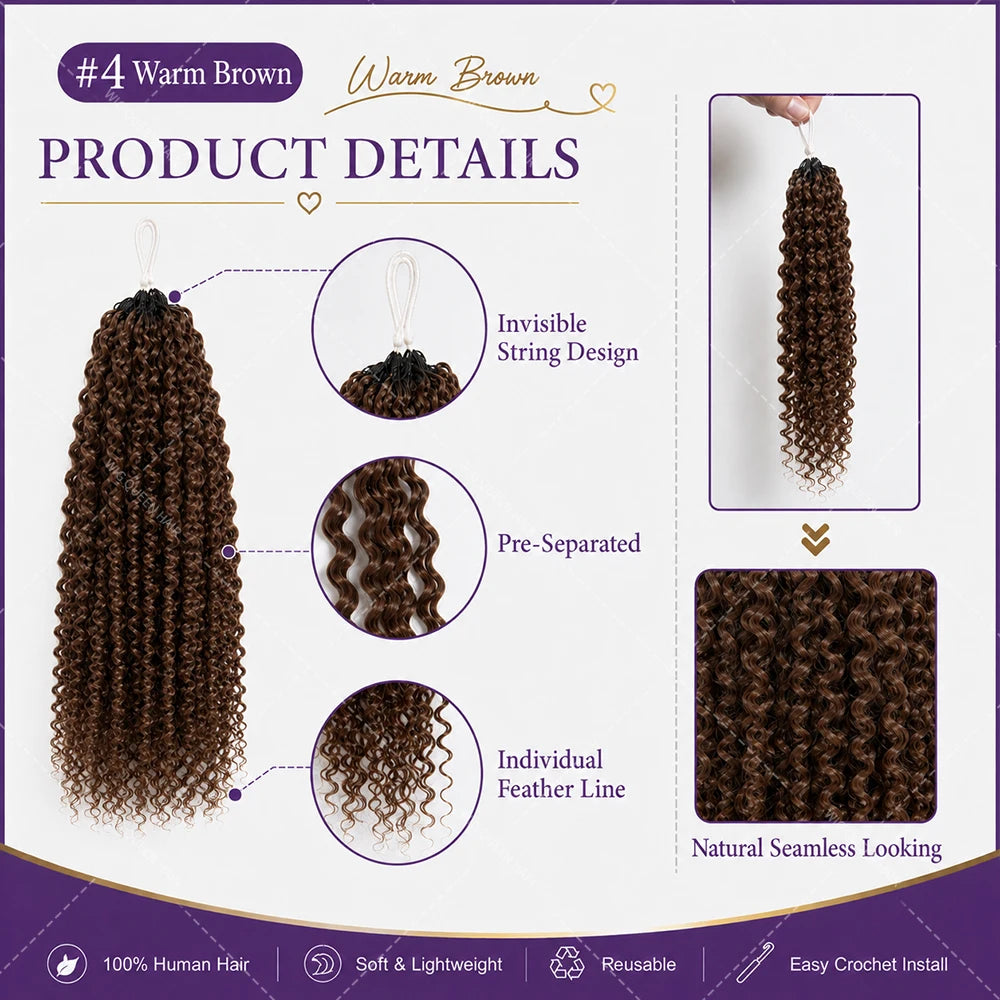 Brown Curly Deep Wave Miracle Knots Feather Crochet Human Hair For Braiding Boho Braids Pre-Separated 100% Human Hair Extensions