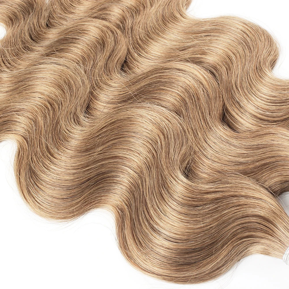 Ash Blonde Body Wave #8 Color Indian Remy Human Hair Weave Extensions 2/3/4 Bundles with 4x4 Closure 95-100g per Piece for Women