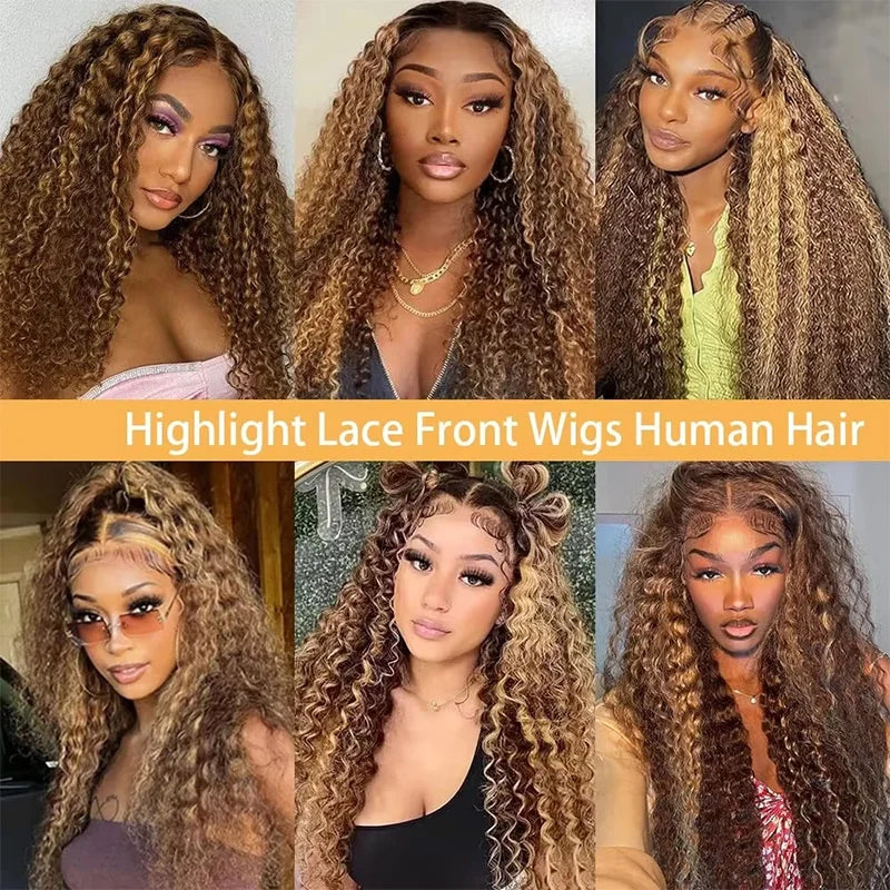 Highlight Curly Wig Synthetic Hair Honey Blonde 13x4 Lace Front Deep Wave Pre Plucked Hd Lace Frontal Wig Brazilian For Women