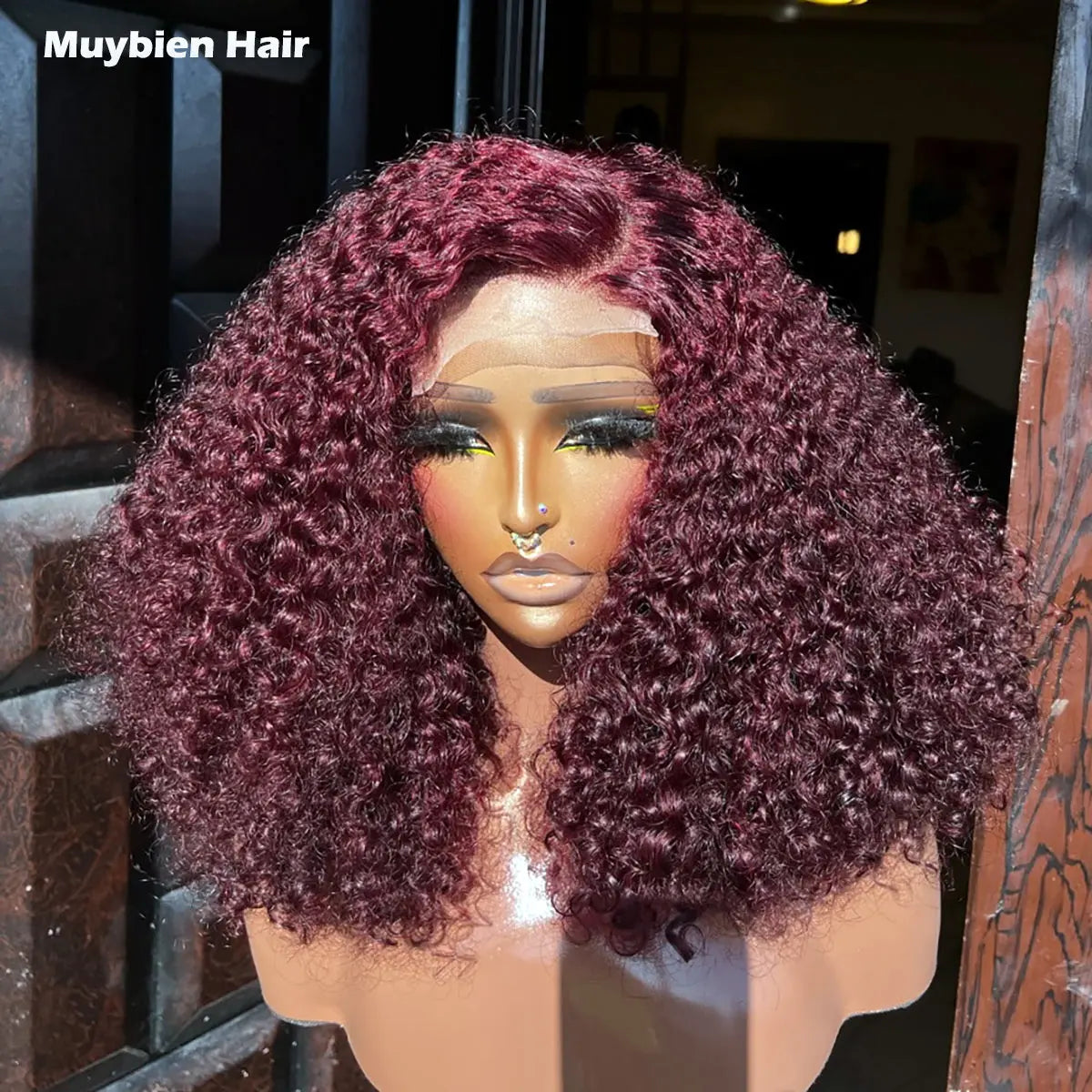 300 Density 99j Burgundy Curly Bob Human Hair Super Double Drawn Wine Color Lace Front Pixie Curly Wigs Glueless Ready to Wear