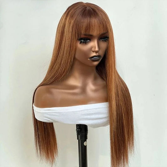 Highlight P4/30/27 100% Human Hair Wigs Straight With Bangs Fringe Malaysia Straight Human Hair Wigs Full Machine Made Wigs