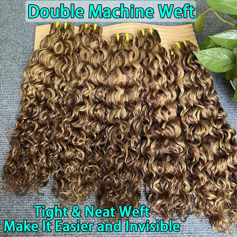 P4/27 Water Wave Highlight Dark Brown and Honey Blonde Human Hair Bundles Deep Wave Hair Bundle Hair Weave For Women