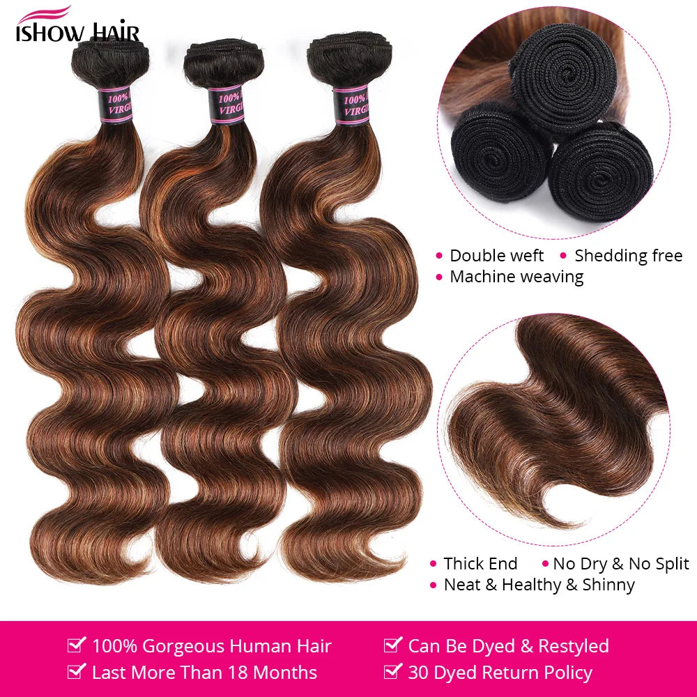 Ishow 1B 4 30 Bundles With Frontal Ombre Highlight Body Wave With 13x4 Transparent Lace Frontal Brazilian Virgin Human Hair