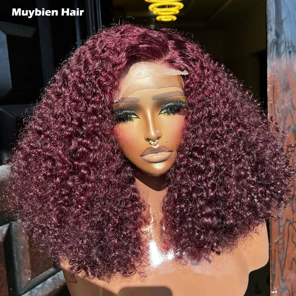 300 Density 99j Burgundy Curly Bob Human Hair Super Double Drawn Wine Color Lace Front Pixie Curly Wigs Glueless Ready to Wear