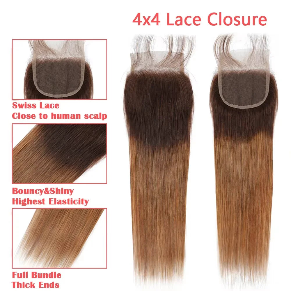 Ombre Human Hair Bundles 12A straight Wave Bundles With Closure 4x4 Brazilian Hair Remy Hair bundles human Hair Extension