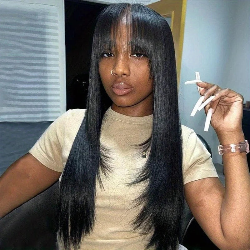 32 34inch Straight Human Hair Wigs with Bangs 3x1 Full Machine Made Wig 200% Density Brazilian Bangs Wig For Women Natural Black