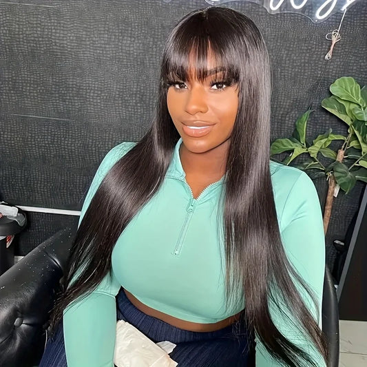32 34inch Straight Human Hair Wigs with Bangs 3x1 Full Machine Made Wig 200% Density Brazilian Bangs Wig For Women Natural Black