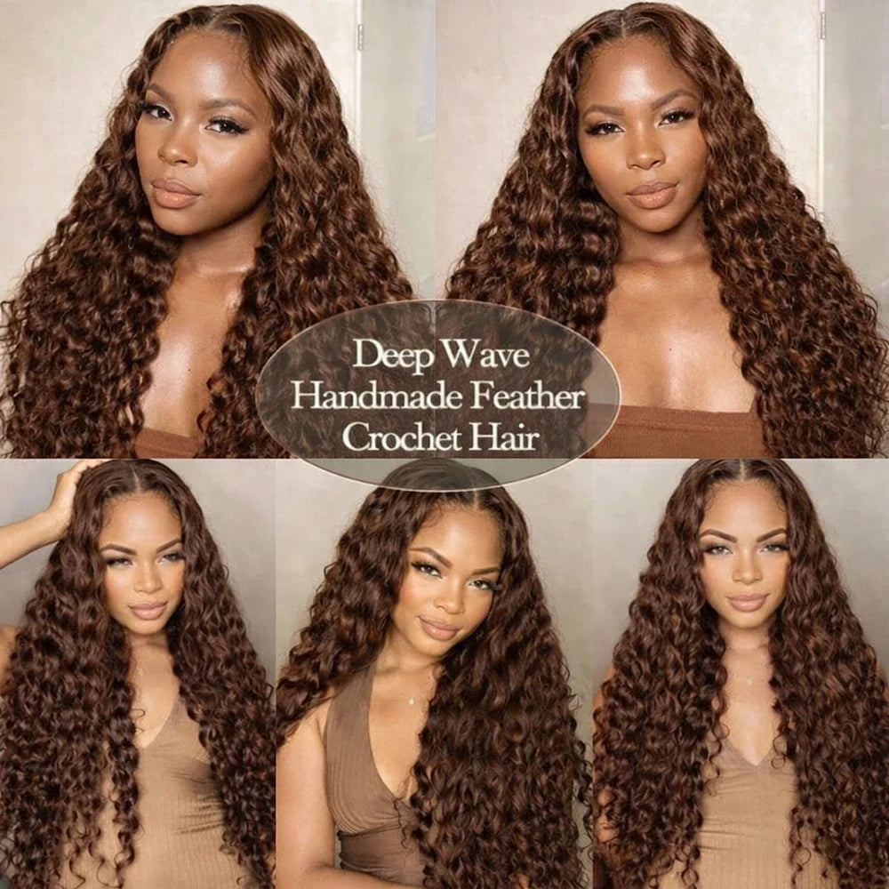 Brown Curly Deep Wave Miracle Knots Feather Crochet Human Hair For Braiding Boho Braids Pre-Separated 100% Human Hair Extensions