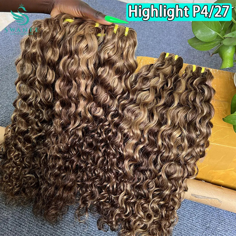 P4/27 Water Wave Highlight Dark Brown and Honey Blonde Human Hair Bundles Deep Wave Hair Bundle Hair Weave For Women