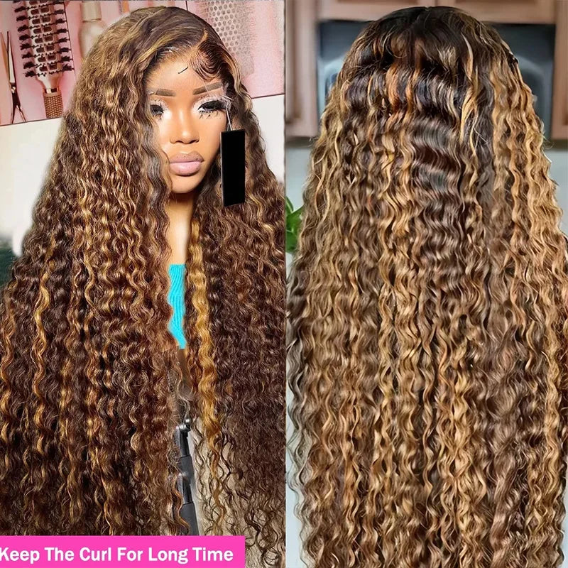 Highlight Curly Wig Synthetic Hair Honey Blonde 13x4 Lace Front Deep Wave Pre Plucked Hd Lace Frontal Wig Brazilian For Women