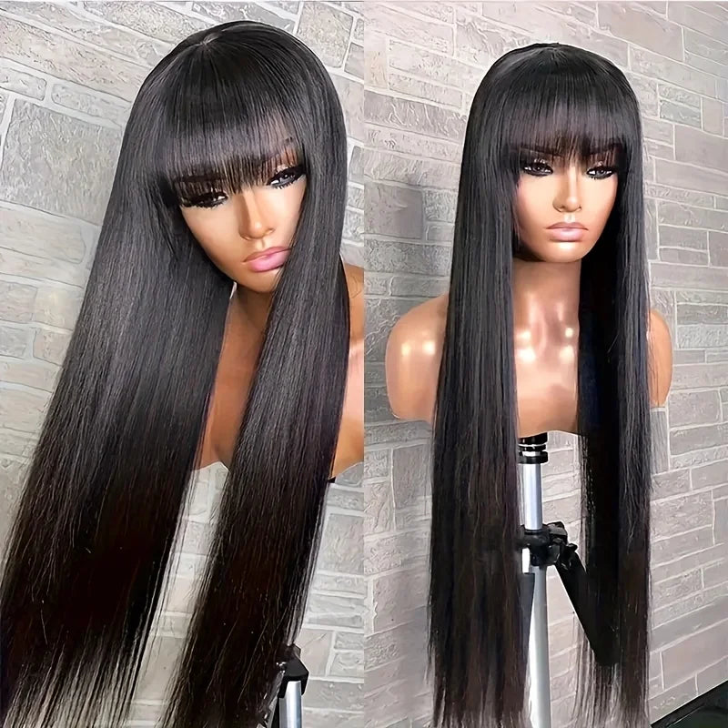 32 34inch Straight Human Hair Wigs with Bangs 3x1 Full Machine Made Wig 200% Density Brazilian Bangs Wig For Women Natural Black