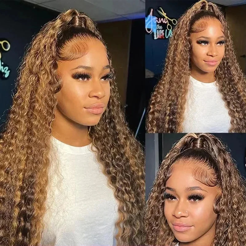 Highlight Curly Wig Synthetic Hair Honey Blonde 13x4 Lace Front Deep Wave Pre Plucked Hd Lace Frontal Wig Brazilian For Women