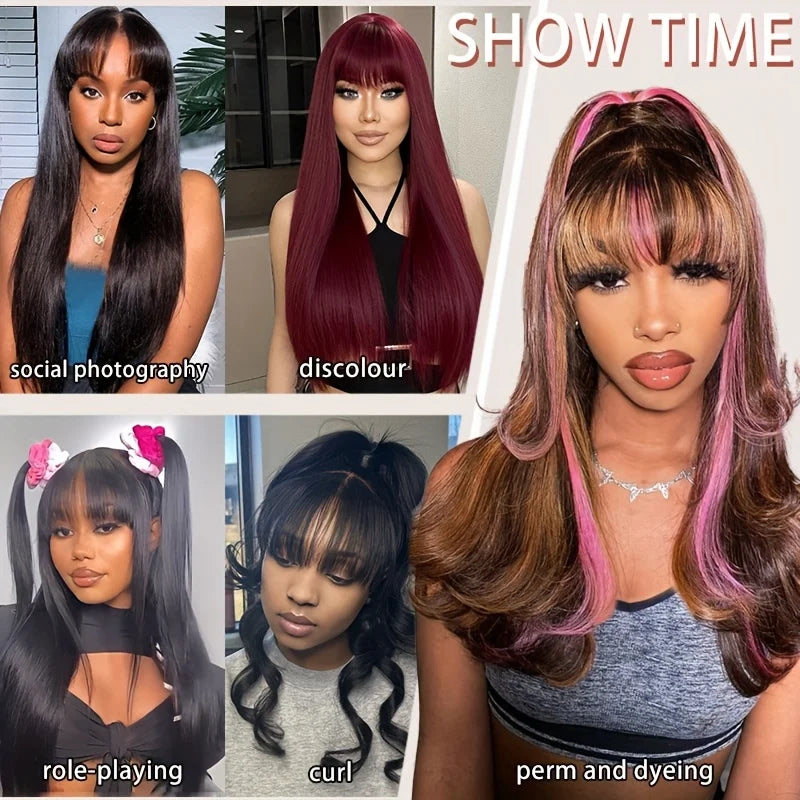 32 34inch Straight Human Hair Wigs with Bangs 3x1 Full Machine Made Wig 200% Density Brazilian Bangs Wig For Women Natural Black