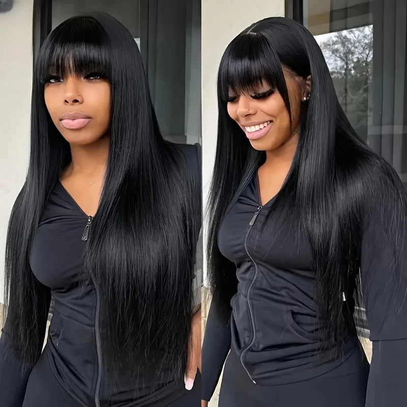 32 34inch Straight Human Hair Wigs with Bangs 3x1 Full Machine Made Wig 200% Density Brazilian Bangs Wig For Women Natural Black