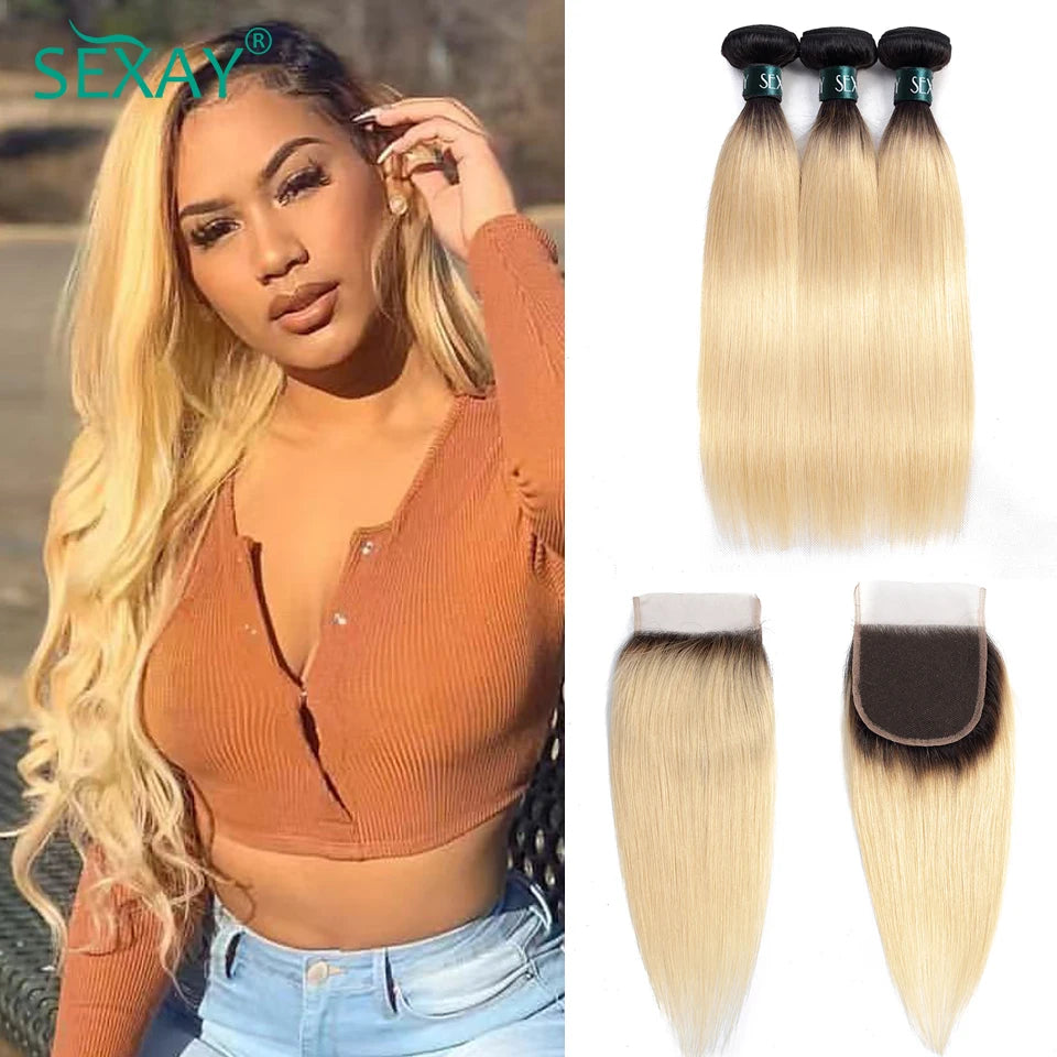 Sexay 1B Blonde Straight Human Hair Bundles With Closure Pre Plucked Ombre Honey Blonde Bundles With Transparent Lace Closures