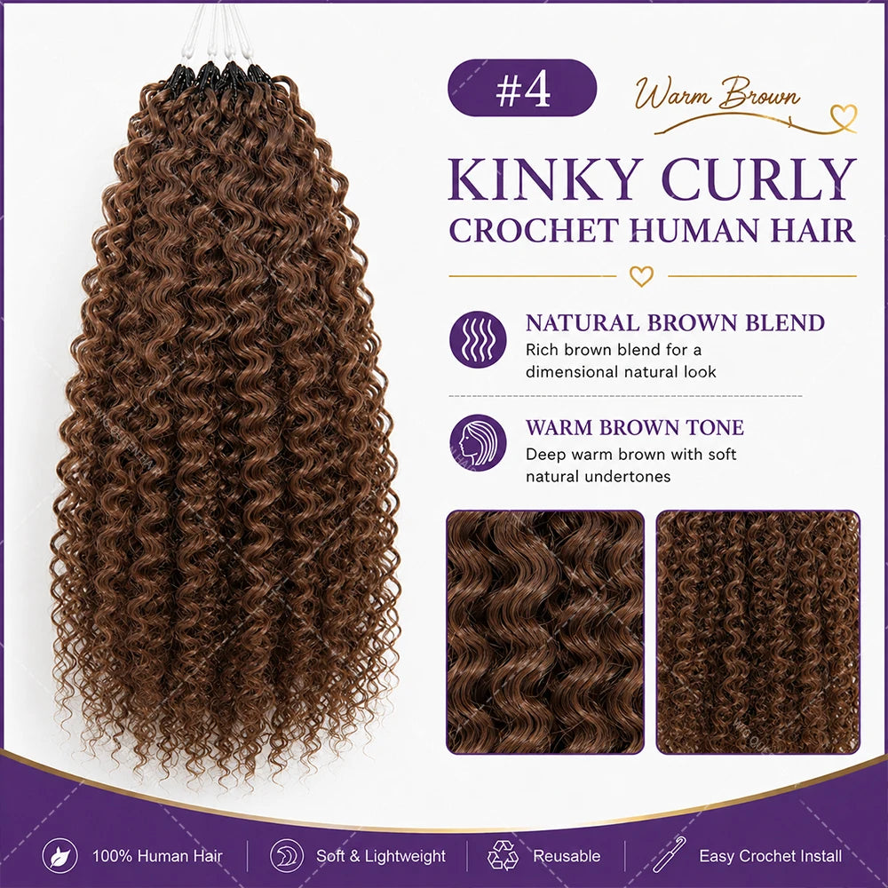 Brown Curly Deep Wave Miracle Knots Feather Crochet Human Hair For Braiding Boho Braids Pre-Separated 100% Human Hair Extensions