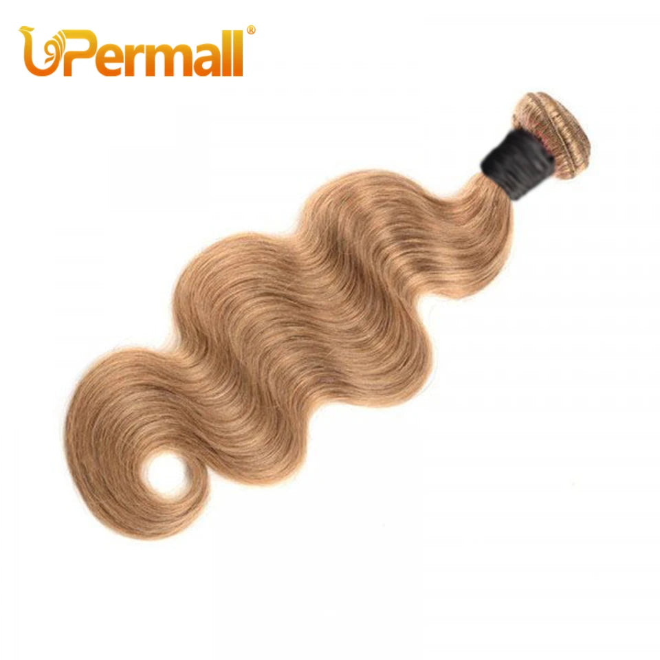Upermall #27 Colored 3/4 Remy Bundles with Closure Body Wave Human Hair Honey Blonde Transparent 4x4 5x5 Lace Closure and Weaves