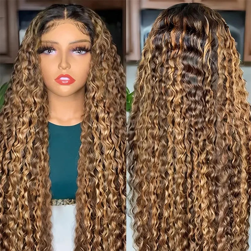 Highlight Curly Wig Synthetic Hair Honey Blonde 13x4 Lace Front Deep Wave Pre Plucked Hd Lace Frontal Wig Brazilian For Women