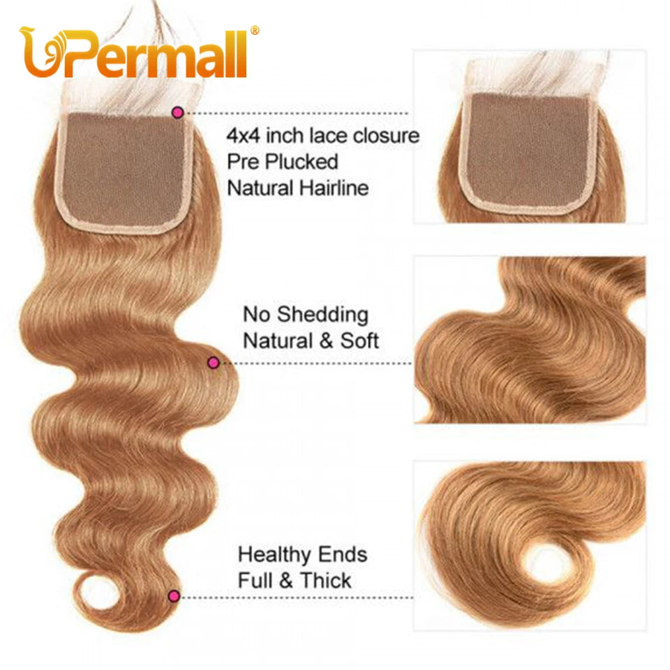 Upermall #27 Colored 3/4 Remy Bundles with Closure Body Wave Human Hair Honey Blonde Transparent 4x4 5x5 Lace Closure and Weaves