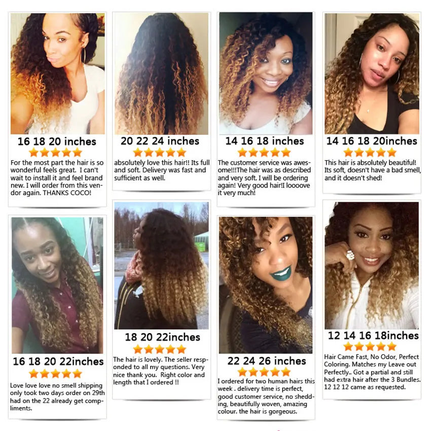 Ombre Afro Kinky Curly Human Hair Bundles With Lace Closures 100% Brazilian Human Hair Extensions 1b/4/30 Weave Bundles
