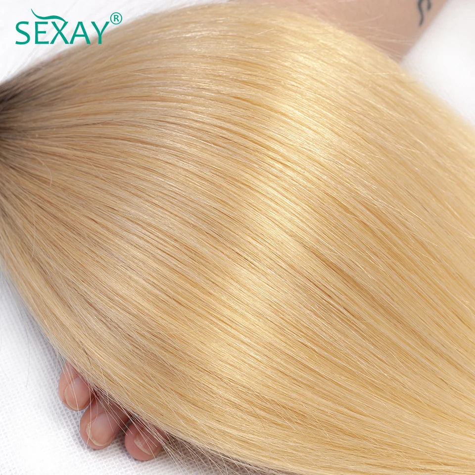 Sexay 1B Blonde Straight Human Hair Bundles With Closure Pre Plucked Ombre Honey Blonde Bundles With Transparent Lace Closures