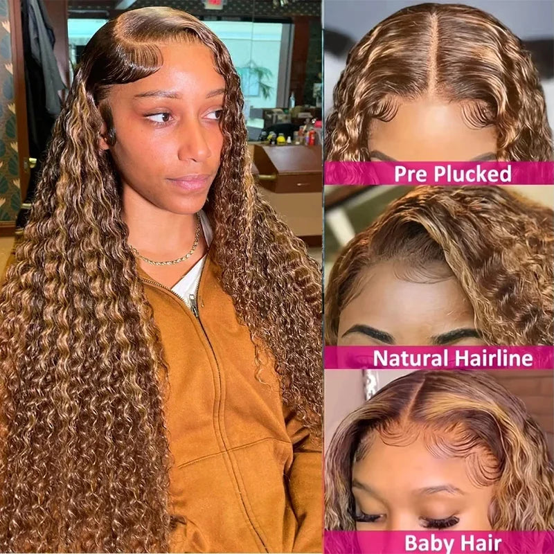 Highlight Curly Wig Synthetic Hair Honey Blonde 13x4 Lace Front Deep Wave Pre Plucked Hd Lace Frontal Wig Brazilian For Women