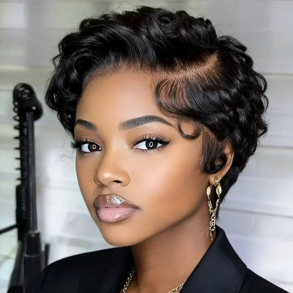 Curly Pixie Cut 13x4 Lace Frontal Wigs Human Hair Short 6inches Layered Curly Wig for Women