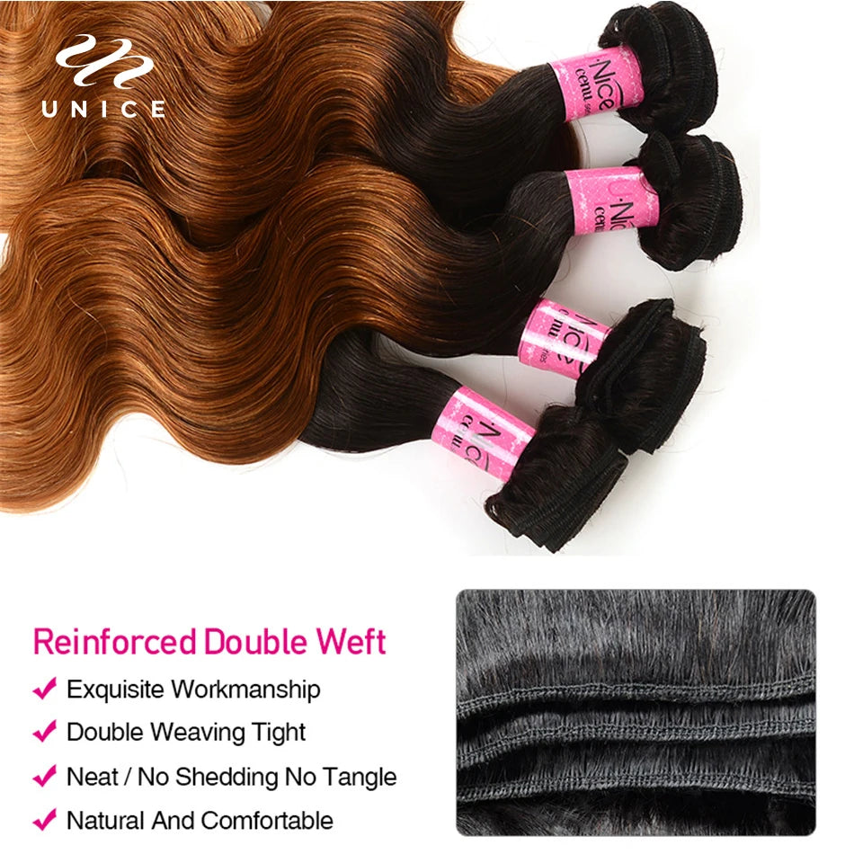 UNICE HAIR Ombre Hair Bundles Brazilian Body Wave 3 Bundles 100% Human Hair Weaves Remy Hair Extension 16-26inch Free Shipping
