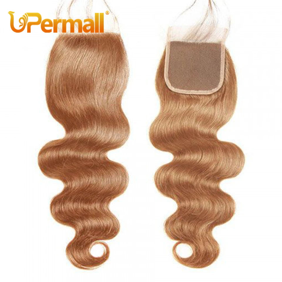 Upermall #27 Colored 3/4 Remy Bundles with Closure Body Wave Human Hair Honey Blonde Transparent 4x4 5x5 Lace Closure and Weaves