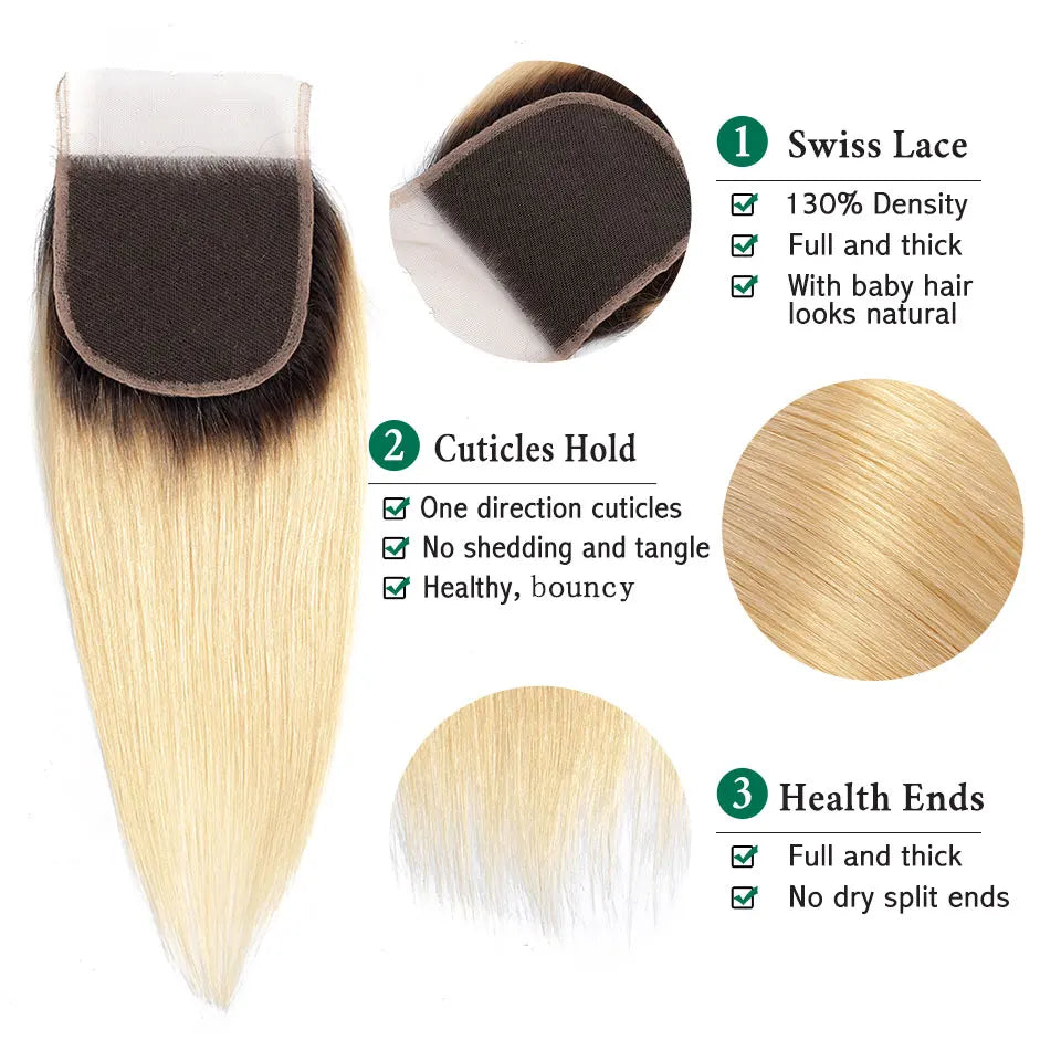 Sexay 1B Blonde Straight Human Hair Bundles With Closure Pre Plucked Ombre Honey Blonde Bundles With Transparent Lace Closures