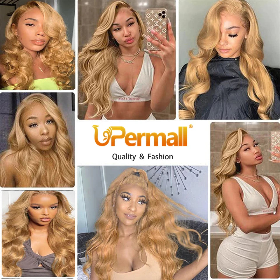 Upermall #27 Colored 3/4 Remy Bundles with Closure Body Wave Human Hair Honey Blonde Transparent 4x4 5x5 Lace Closure and Weaves