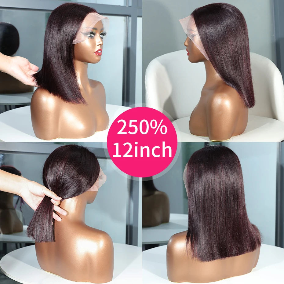 13x6 13x4 Frontal Bob 100%Human Hair Lace Front Wig Dark 99J Burgundy Square Cut Raw Vietnamese Bone Straight 250% Pre Plucked